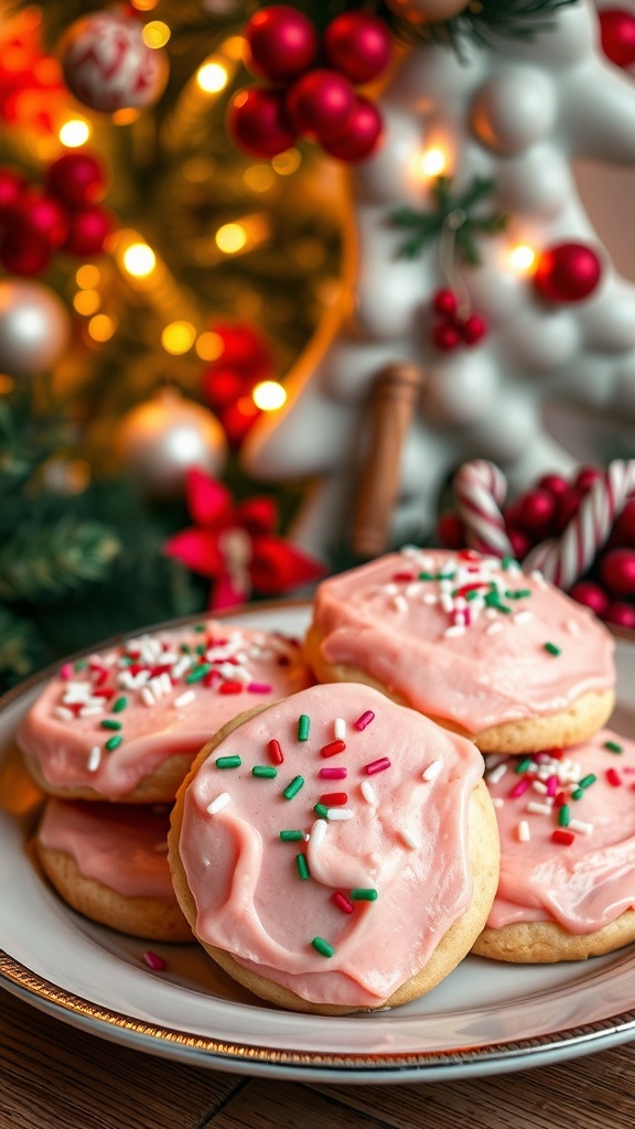 Retro Pink Christmas Cookies Recipe A plate of pink frosted Christmas cookies with sprinkles, evoking a retro 1950s holiday theme.